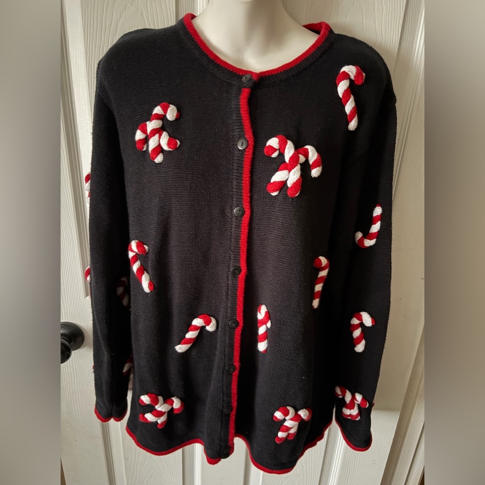Vintage Quaker Factory Womens Black Cardigan W/ Raised Candy Canes Size Large